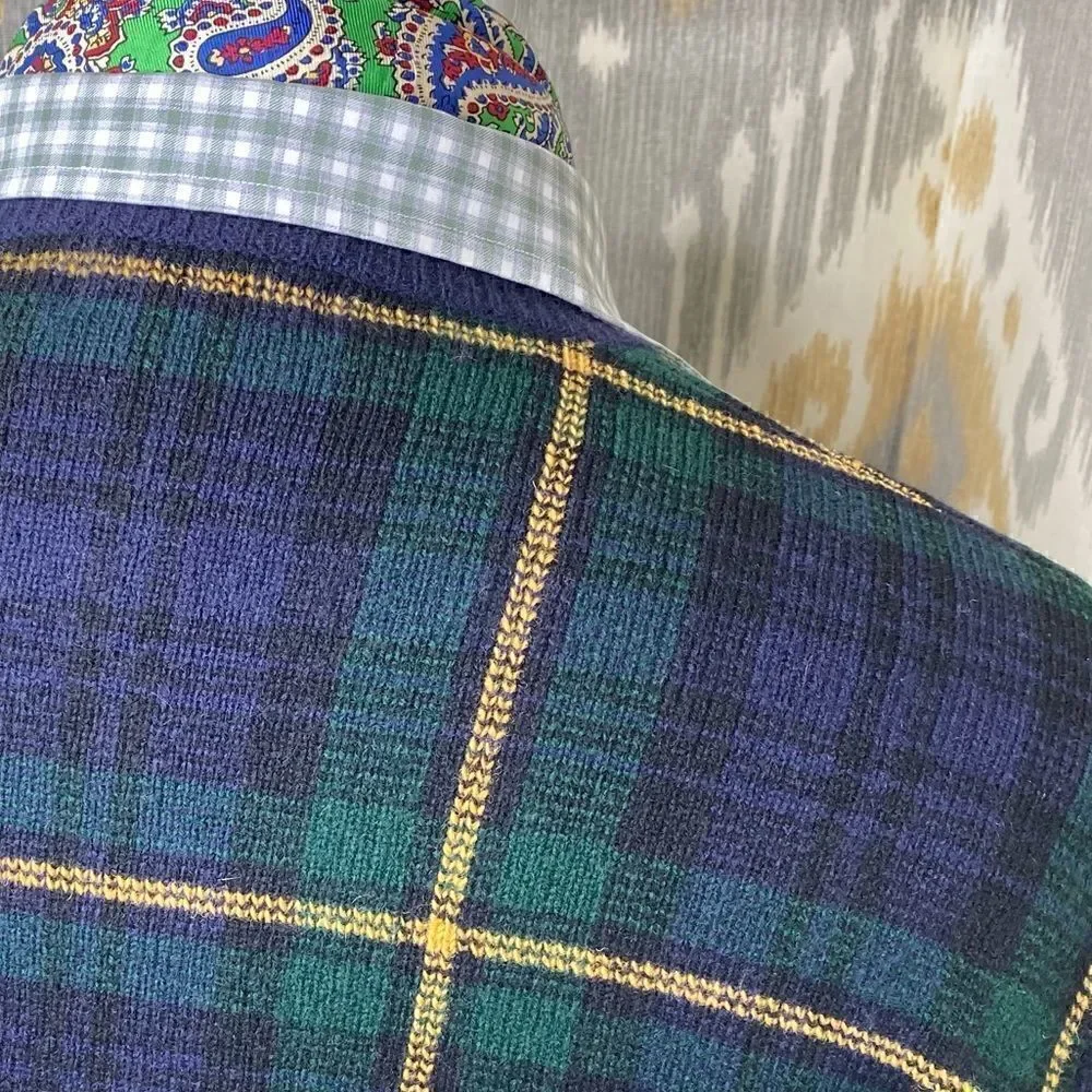 Polo Ralph Lauren ~ Tartan Plaid Merino Wool & Suede Crewneck Sweater